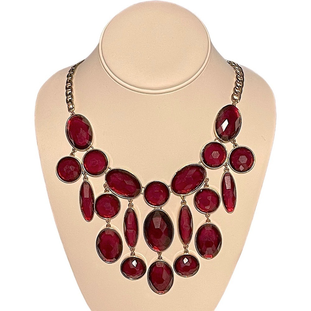 Unbranded Goldtone Statement Bib Necklace Red Faceted Stones